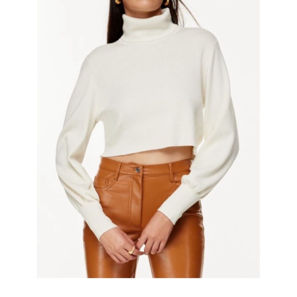 Wilfred Aritzia Ivory Wool Cropped Turtleneck Sweater Balloon Sleeve Minimalist
